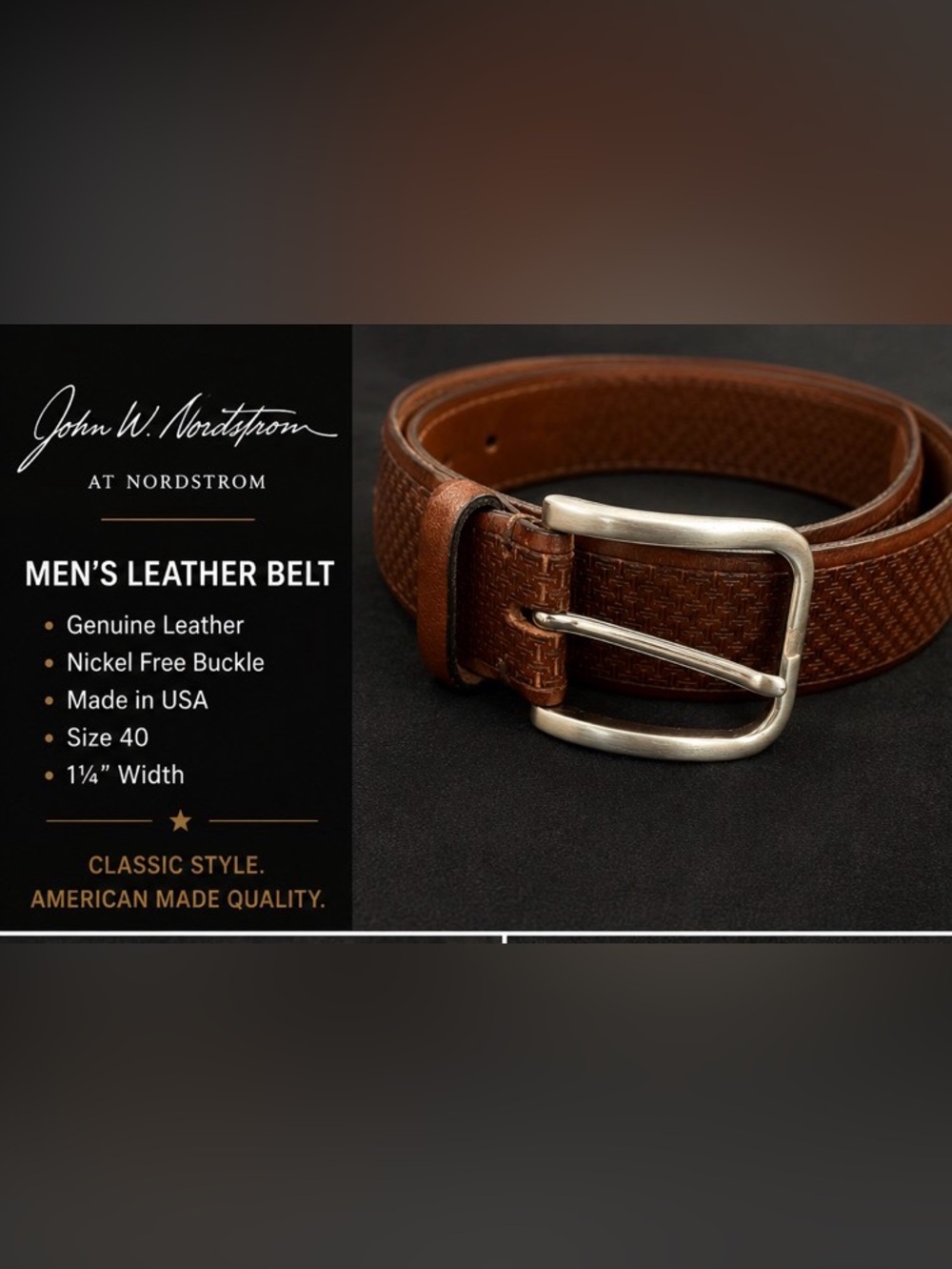 John W. Nordstrom men’s rich brown leather belt Made in USA Size 40 1¼” wide